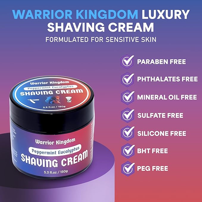 Warrior Kingdom Shaving Cream - Peppermint Eucalyptus. Refreshing Scent. Rich Creamy Lather for the Smoothest Shave. For face, head and body. Gentle, non irritating formula for all skin types.