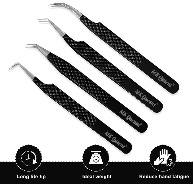 Fiber Tip Lash Tweezers for Eyelash Extensions with Diamond Grip, Set of 4 Precise Tips Japanese Steel for Classic, Volume & Mega Volume Lashes, Ideal Tweezers Set for Lash Artists (4, Black)