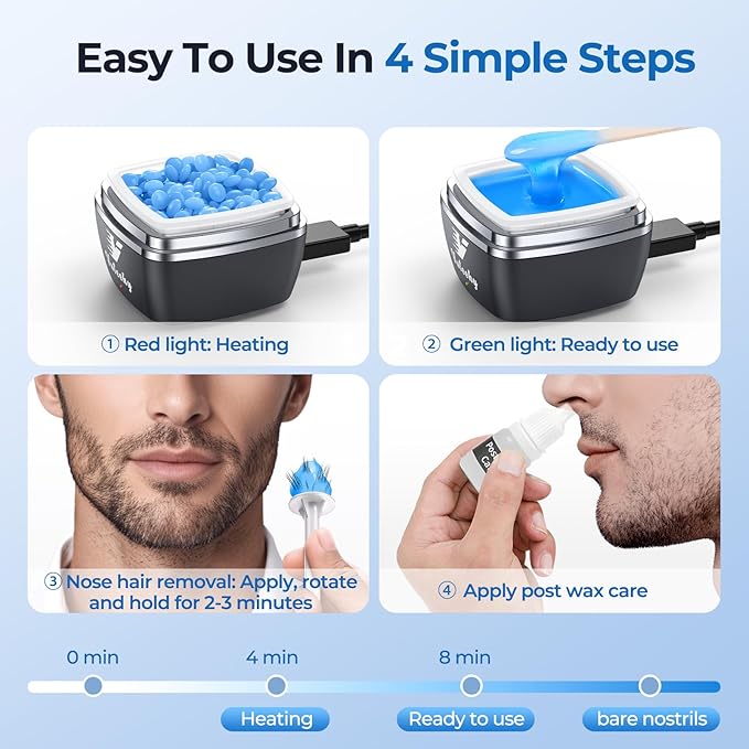 Nose Wax Kit Men, Nose Ear Hair Removal Kit for Men Women, 40 Sticks, 100g Wax, USB Fast Heat, Smart Constant Temp, Painless Hair Removal Waxing Kit for Nose Ears Eyebrow Lip Facial, Blue