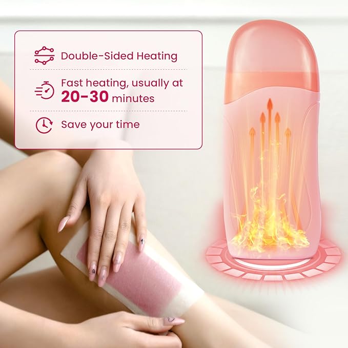 Roll On Wax Kit, Portable Wax Roller Kit for Coarse/Fine Hair Removal, Beginners Waxing Roller for All Skin Types with 3 Pcs 100g Roll Cartridge, 100 Non-Woven Strips & 10 After Oil Wipes (F1_Pink)