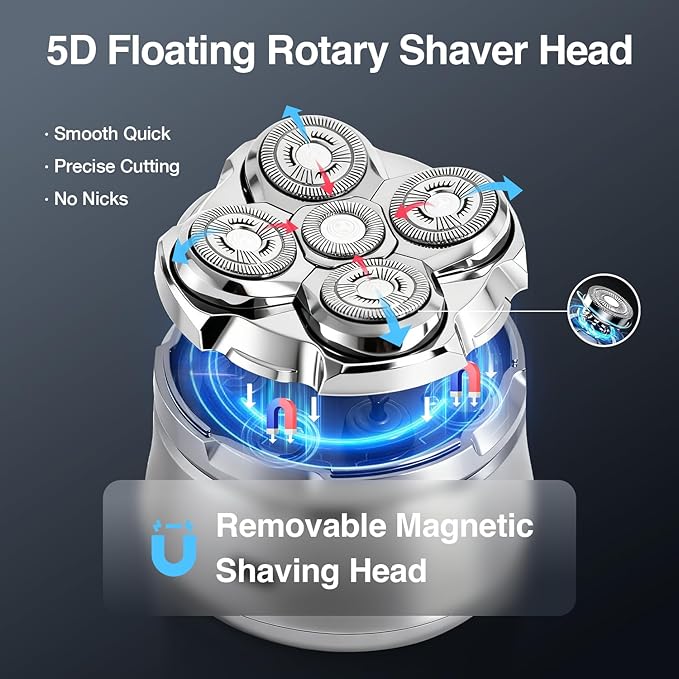 Head Shavers for Bald Men, Electric Shavers Razor, Rechargeable Bald Head Razor, 360°Close Shave for Men, 5D Magnetic Bald Head shavers Waterproof Mens Head Shaver for Wet/Dry Use (Silver)