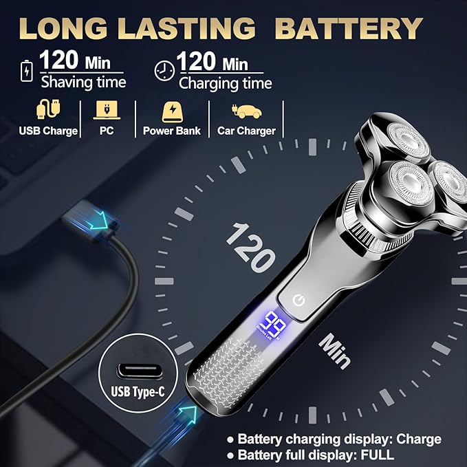Men's Electric Razor, Upgraded 4D Floating Magnetic Blade Head Rotary Shaver, 3-in-1 Multifunctional for Beard/Nose/Sideburns, IPX7 Waterproof Rechargeable Cordless Shaver, Turbo Speed, Gift for Men