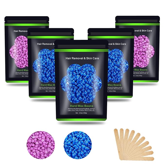 Wax Beads for Hair Removal 1.1 lb (17.6 oz), Hard Wax Beads for Sensitive Skin - Brazilian, Face, Bikini, Legs, Eyebrow, Painless Waxing Beads Kit for Women Men, 5 Packs with 10 Wax Sticks