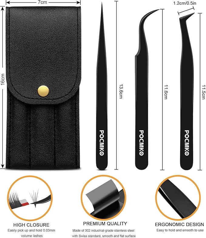 Lash Tweezers Set for Eyelash Extension, Eyelash Tweezers for Classic Individual and Volume Lash Extensions, Complete with Storage Case (Black, 3PCS Set)