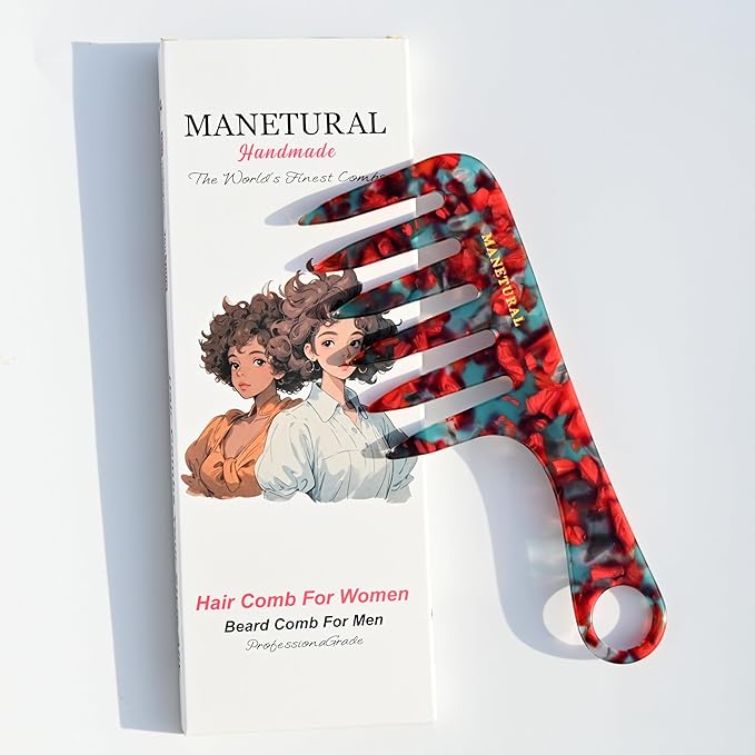 D1 SMALL Wide Tooth Comb and Travel Comb 6.2" for Easy Portability. Suitable for Women's/ Girls' Curly and Tight Hair. Short Handle Design. Acetate (RED)