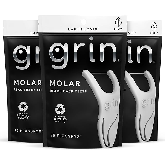 GRIN Molar Flosspyx, Floss Picks, 75 Count, Dental Flossers, Minty Flavor, Recycled Plastic, Great for Reaching Back Teeth, Slide Easily Between Teeth, Includes Safe Soft Fold-Back Tooth Pick