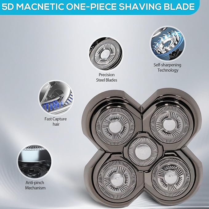 Magnetic Head Shaver Replacement Heads, 5 Double Ring Waterproof Rotary Razor Blades for Bald Men Compatible with Freebird wyklaus shpavve(Silver) (silver5D)