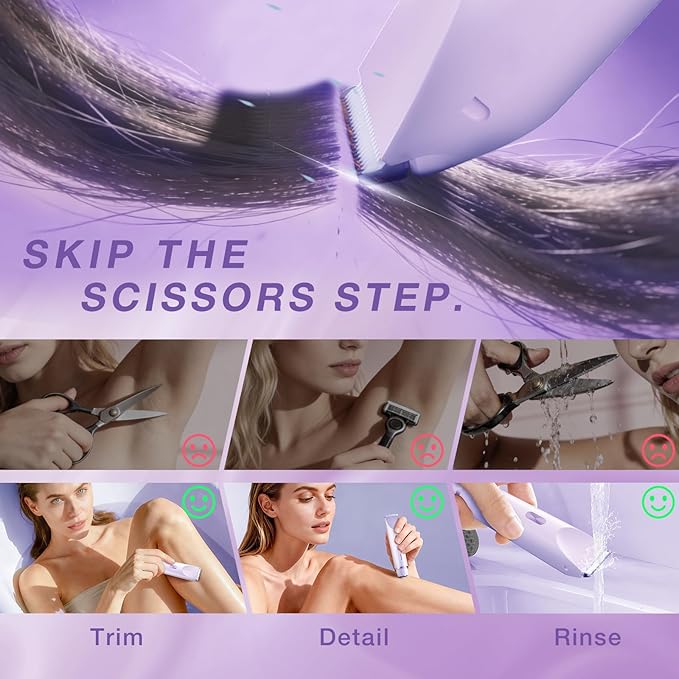Bikini Trimmer for Women, Dual-Ended Electric Razor Personal Shaver for Bikini Line & Pubic Hair, Waterproof USB-C Rechargeable Body & Face Trimmer for Underarms & Legs (Lavender)