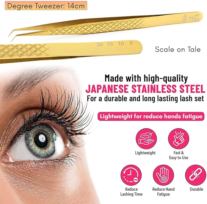 Curved Isolation Tweezers for Lash Extensions – Diamond Grip, Stainless Steel 14cm Best for Individual Isolation & Classic pinzas para pestaña (Gold titanium)