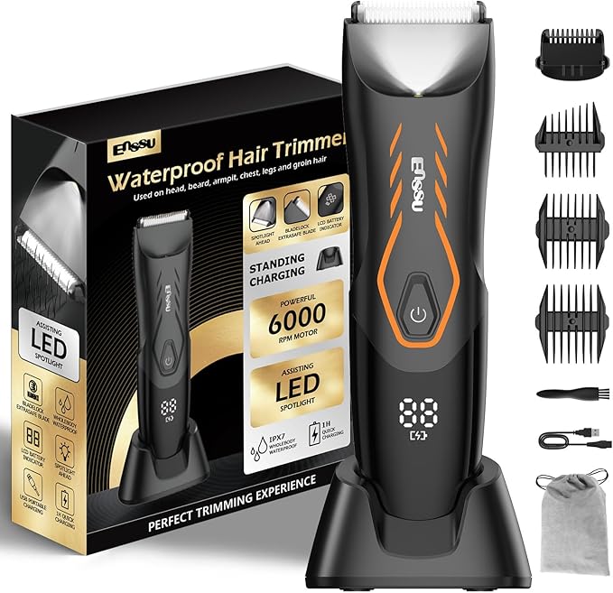 Manscape Body Hair Trimmer for Men, Pubic Groin Hair Trimmer for Men with Safe Blade,Cordless Ball Shaver w/Light, Charging Dock,Waterproof Body Groomer Man,LED Display,1H Charge,Orange