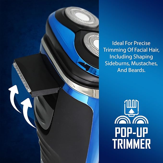 Rechargeable Electric Wet and Dry Rotary Shaver with Stainless Steel Blades, Pop Up Trimmer and LCD Screen