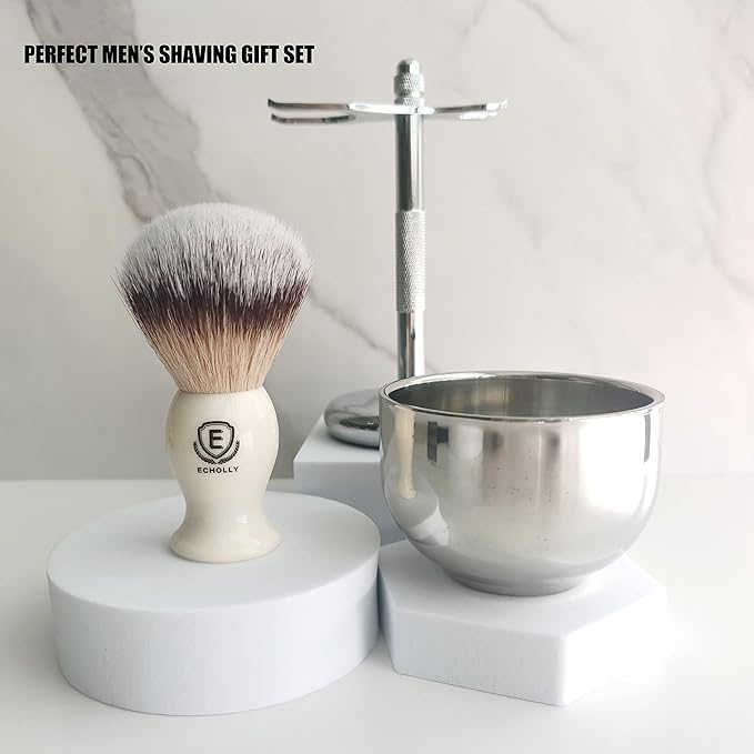3 in1 Premium Shaving Brush Kit for Men Includes Vegan Badger Synthetic Hair Shaving Brush,Stainless Steel Shaving Soap Bowl,Heavy Safety Stand for Mens Gift (Ivory White)