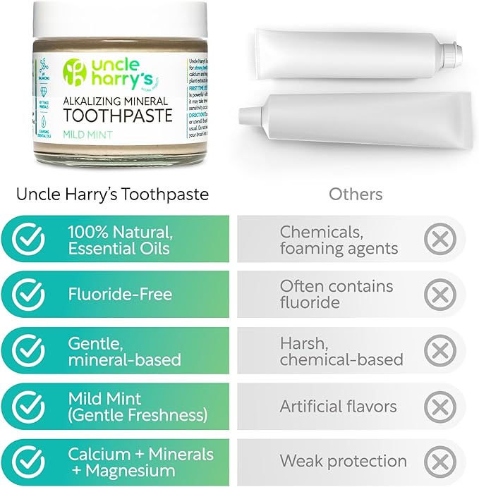 Uncle Harry's Mild Mint Remineralizing Toothpaste | Natural Whitening Freshens Breath & Promotes Enamel | Vegan Fluoride Free Toothpaste, 3 Oz (4 Pack)