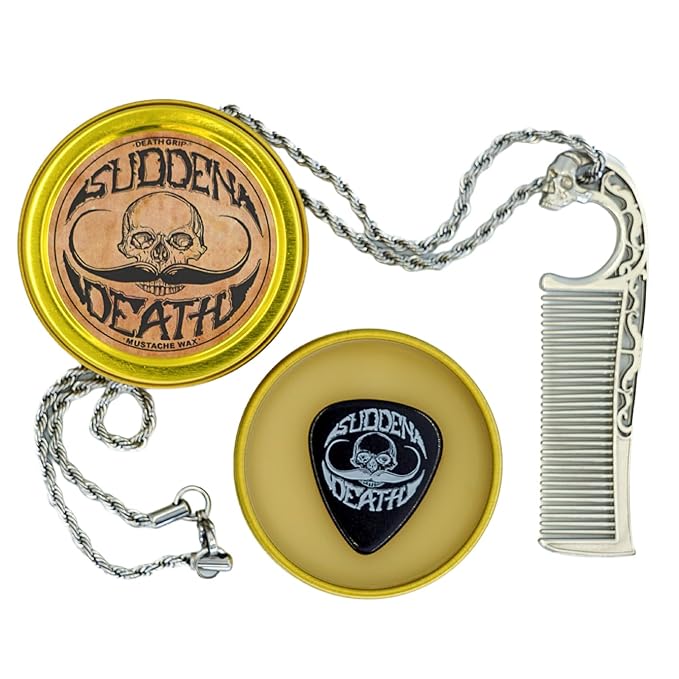 Mustache Wax Strong Hold No Heat Required Sudden Death 1 oz Tin & Necklace Death Grip Mustache Comb Mens Combo Kit - Grooming For Men Handlebar Moustache
