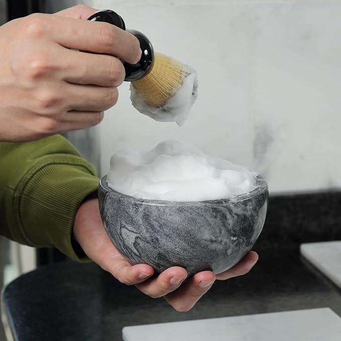 Koville Marble Shaving Soap Bowl 5'' Gray Handmade Shaving Cream Bowl, Marble Bowls For Shaving Foam, Shave Soap Bowl, Shaving Kit Bowl, Shaving Cup Gift for Men with 2 pack Shaving Brush