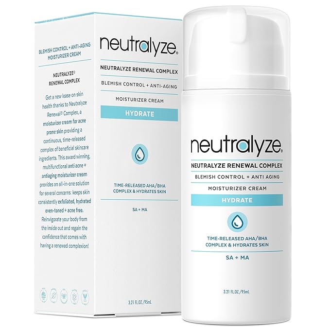 Neutralyze Renewal Complex Acne Moisturizer for Face - Maximum Strength, Time Released 2% Mandelic Acid & 2% Salicylic Acid Acne Treatment Cream - Suitable for All Skin Types, Teens & Adults