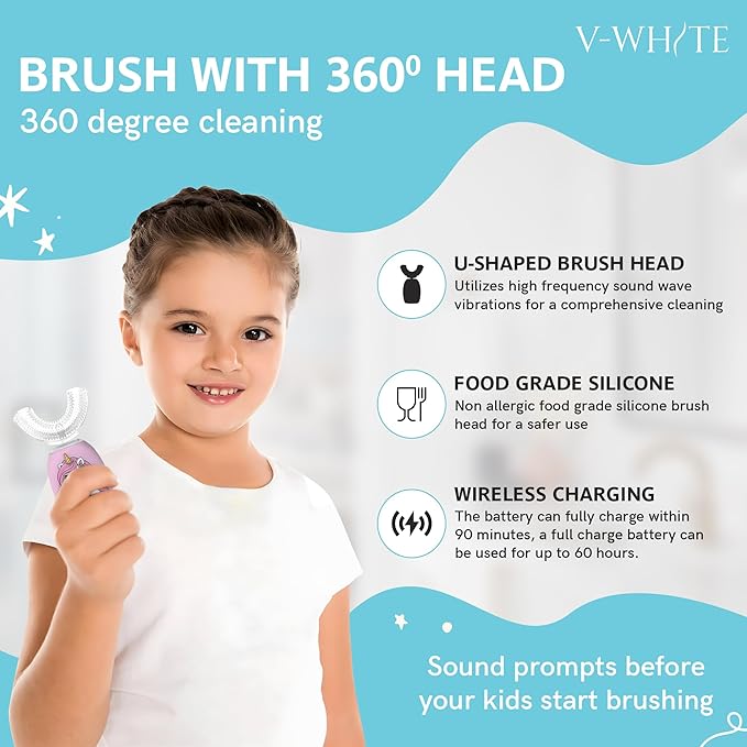 V-WHITE Electric Toothbrush Kids- Ultrasonic U-Shaped Toothbrushes for Teeth Whitening - 360° Mouth Cleansing, Hands Free Gums Protection - Wireless Charging & LED Light - Waterproof IPX7 Certified