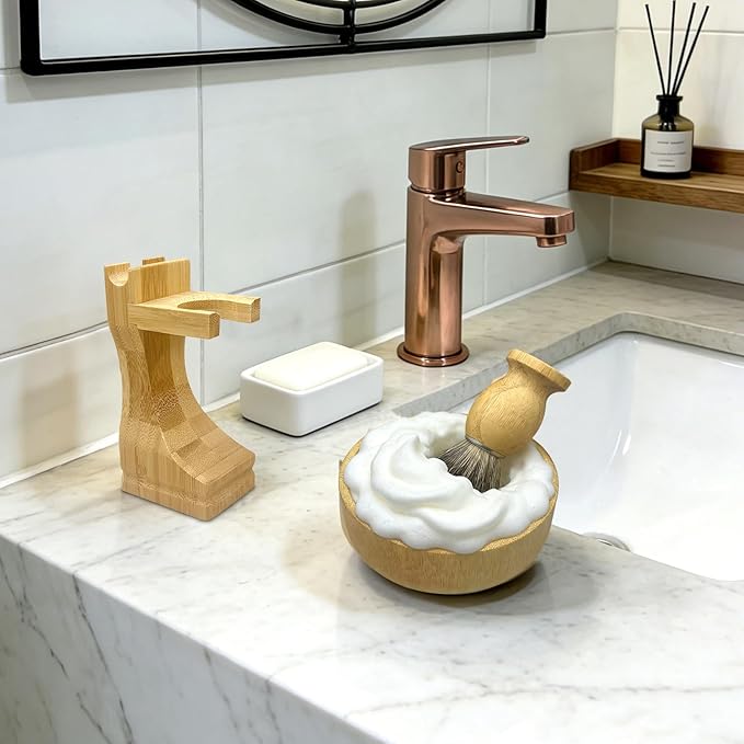 Shaving Brush Set, Pure Badger Shave Brush & Bamboo Bowl with 2 in1 Shaving Stand,Complete Men's Wet Shaving Kit, Eco-Friendly Bamboo Handle, Lathering Bowl & Razor Stand (Horizontal/Hanging)