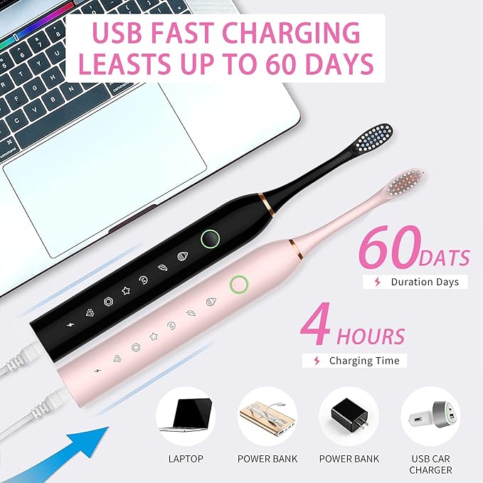 Electric Toothbrush for Adults, Rechargeable Electric Toothbrush with 8 Brush Heads, 42000vpm 6 Modes IPX7 Waterproof, 2 Pack Soft Electric Toothbrush, Black Pink