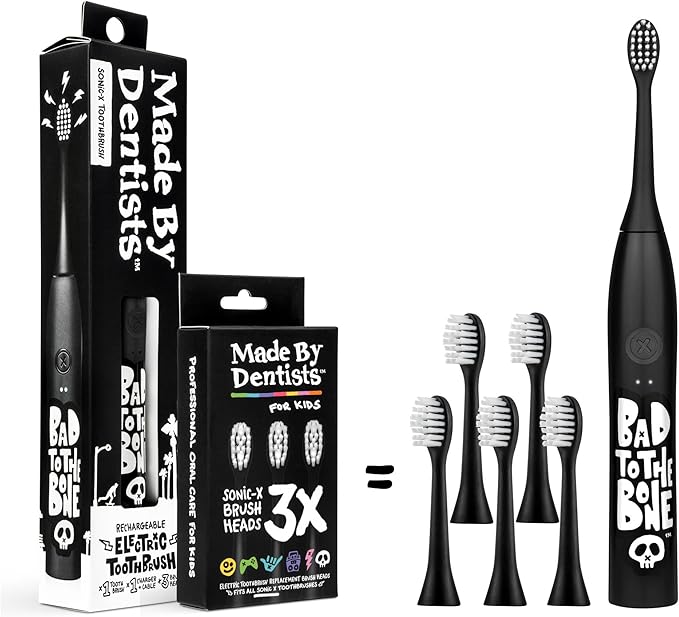 Made by Dentists Sonic X Electric Toothbrush – Rechargeable Kids Sonic Toothbrush, 8X Plaque Removal, 2 Speed Modes, 2-Minute Timer 6 Brush Heads Included, Tweens Ages 7+, Bad to The Bone Edition