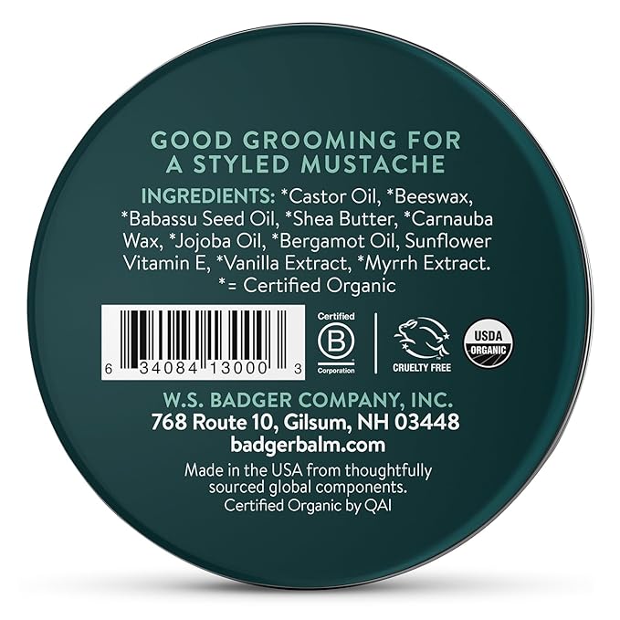 Badger Mustache Wax, Medium Hold, Light Masculine Scent, Easy to Apply, Certified Organic Versatile Moustache & Beard Wax, .75 oz Tin, 2-Pack