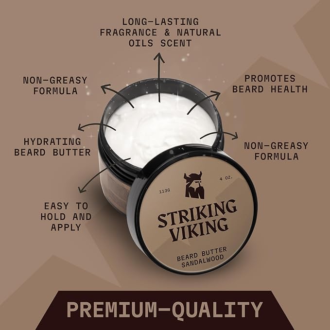 Striking Viking Sandalwood Beard Softener for Men - Non-Greasy Cream Formula With Natural Ingredients for Hydrated and Refreshing Beards (4oz)