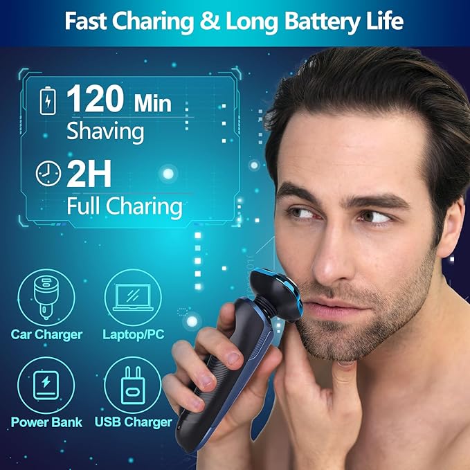 Electric Razor for Men, Electric Shavers for Men Face, Rechargeable 3D Rotary for Shaving with Nose Trimmer Face Cleaning Brush Head Shavers, Waterproof Gifts for Husband,Dad,Boyfriend(Frosted Blue)