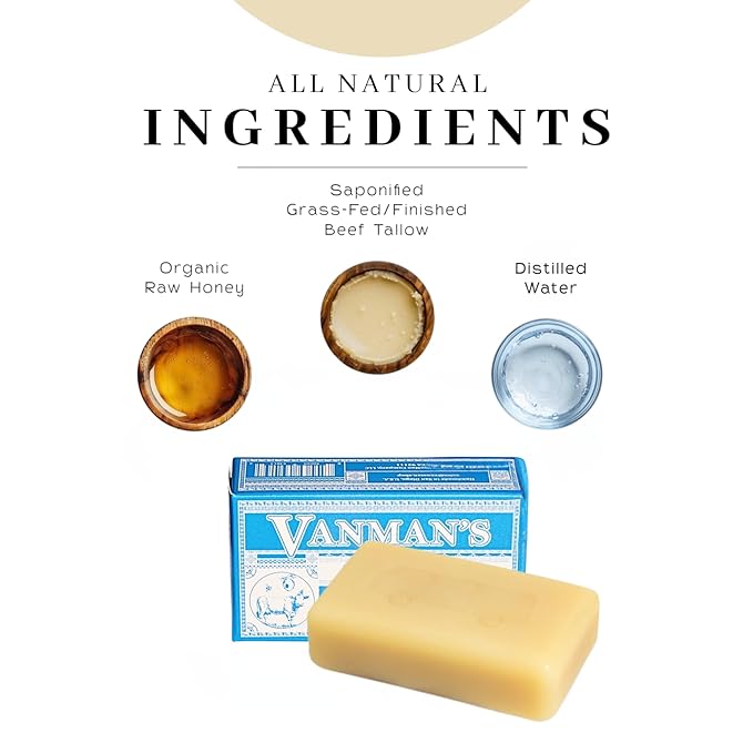 VanMan Beef Tallow and Honey Bar Soap – Pure Grass-Fed Beef Tallow for Skin with Raw Honey & Distilled Water, Unscented Soap, Hydrating & Nourishing, Clean Ingredients, 3.8oz - 2 Pack