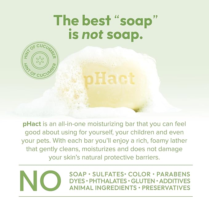 ANDREW LESSMAN pHact Moisture-Rich, Soap-Free Cleansing Bar Cucumber. Natural Skin pH. All Skin Types - Even Sensitive Skin. Hypoallergenic. Dermatologist Tested. 3 - Pack 4.25 oz each