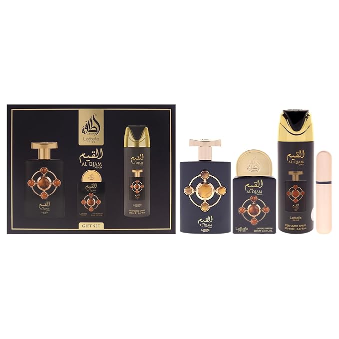 Lattafa Pride - Al Qiam Gold for Men - 3 Pc Gift Set 3.4oz EDP Spray, 6.67oz Perfumed Body Spray, 0.67oz EDP Spray