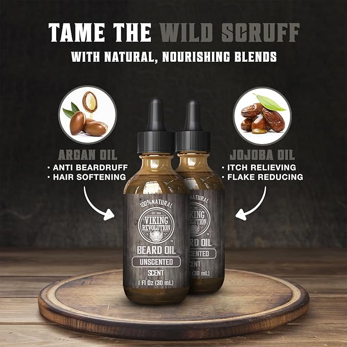 Viking Revolution Men's Beard Oil with Argan and Jojoba Oils - Natural Softener and Conditioner, Strengthens and Moisturizes (Unscented, 2 Pack)