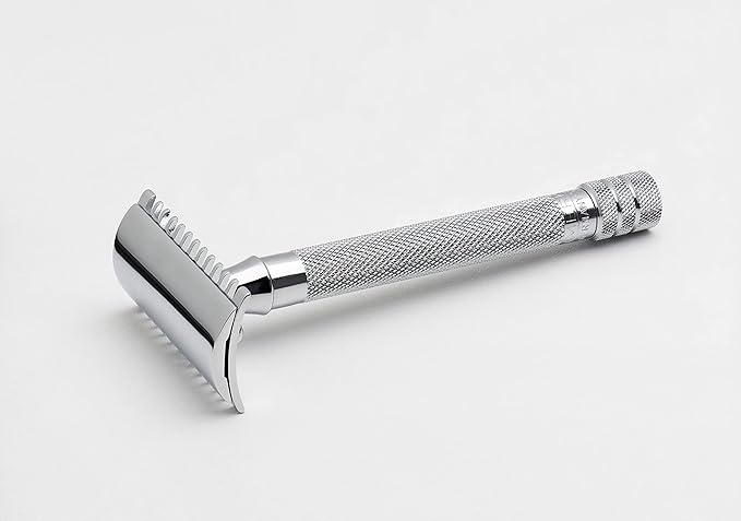 MERKUR 25C Double Edge Safety Razor in Bright Chrome with an Open Comb Design, Long Handle, Made in Germany, Plastic-Free, Three-Piece Design, and Straight Bar