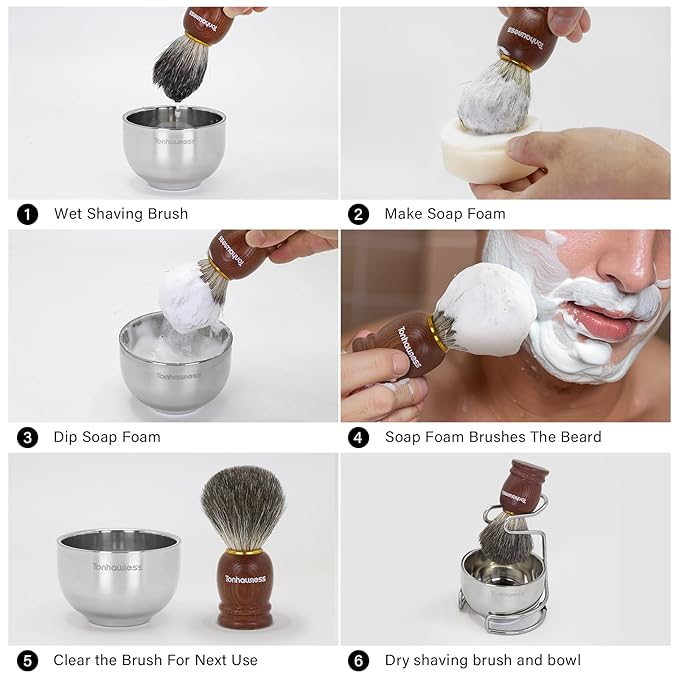 Shaving Brush Kit for Men, 4 in 1 Shaving Brushes Set Includes Badger Hair Shave Brush, Shaving Bowl & Stand and Shaving Soap Kit for Men’s Shave Gift