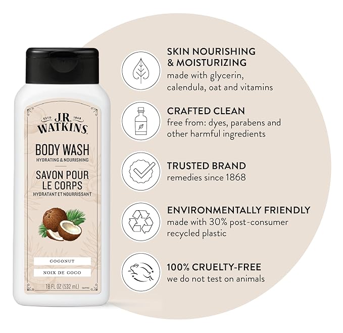 J.R. Watkins Body Wash Coconut, 18 fl oz, 2 Pack