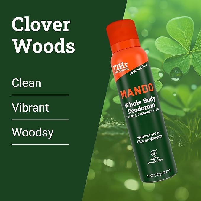 Mando Whole Body Deodorant For Men - Invisible Spray Deodorant - 72 Hour Odor Control - Low Irritation Formula - Aluminum Free, Benzene Free - 3.6 ounce Can - Clover Woods