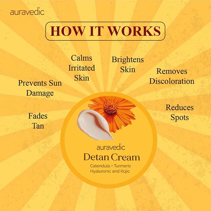 Auravedic De Tan Face Cream with Turmeric, Papaya & Calendula | Hydrating Daily Face Moisturizer for Dull & Sun-Exposed Skin | Lightweight Cream for All Skin Types | 3.53 Oz (100g)