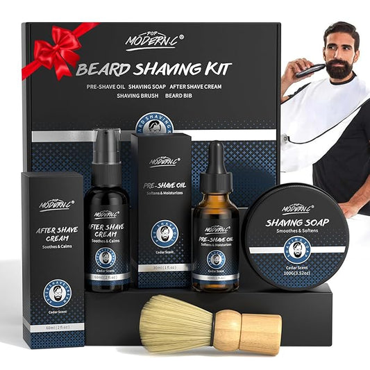 5Pcs Shaving Kit for Men Gift Set Includes Shaving Soap Butter Beard Bib Apron Pre Shave Oil After Shave Lotion Cream Shaving Brushes Mens Shave Christmas Birthday Day Fathers Day Stocking Stuffers