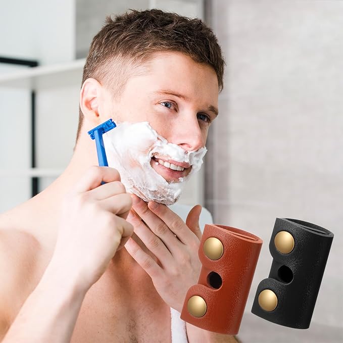 2PCS Safety Razor Cover,Leather Safety Razor Case, Double Travel Razors Cases with Snap Closure, for Men Travels Butterfly Shaver, Black, Brown
