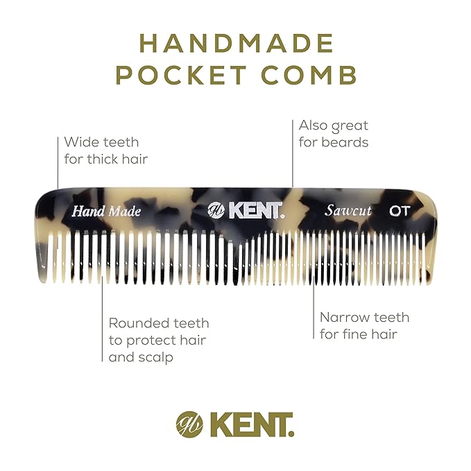 Kent OT TW Pocket Comb - Fine Tooth & Wide Tooth Comb - Handmade Hair Combs for Men, Travel, Beard & Mustache - Saw Cut & Hand Polished (4.5")