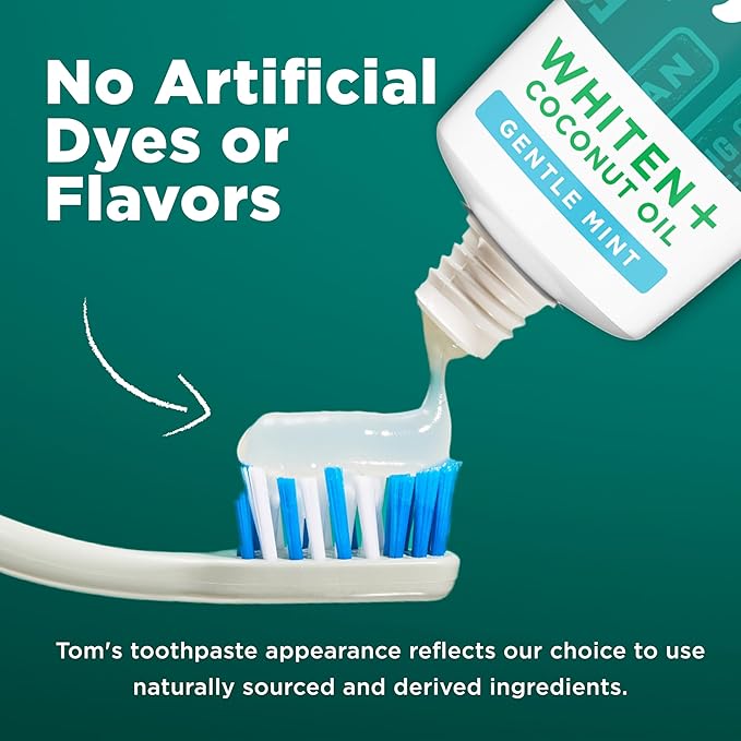 Tom’s of Maine Whiten Plus Coconut Oil Fluoride Free Toothpaste, Natural Whitening Toothpaste with Plant-Based Cleansers, Whitens Without Causing Sensitivity, Gentle Mint, 4.0 Oz (Pack of 3)
