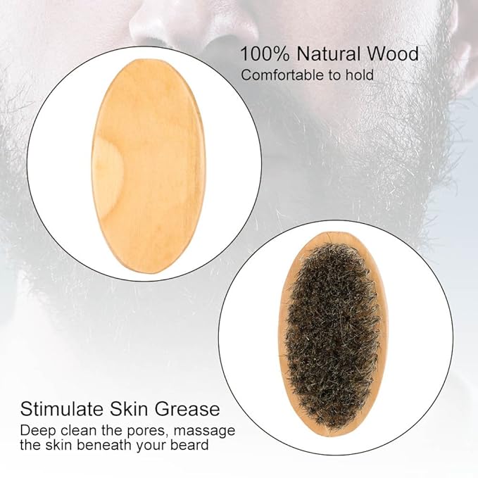 Beard Brush and Comb Set, Boar Beard Brush and Handmade Wooden Comb Mustache Shaving Cleaning Grooming Kit for Men