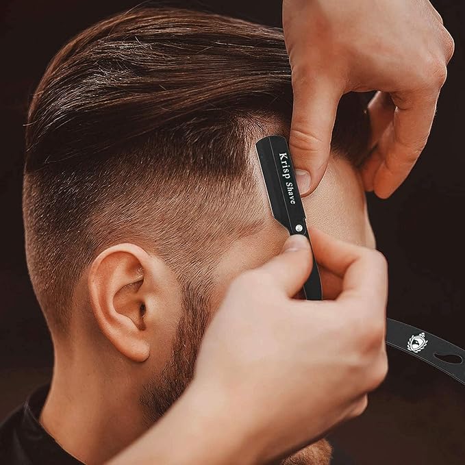 Professional Straight Razors For Men, Barber Razors, Straight Edge Razor Kit For Close Shaving - Beard Cut Throat Straight Razor Safety Shavette - 10 Shaving Blades By Krisp Beauty (Black)