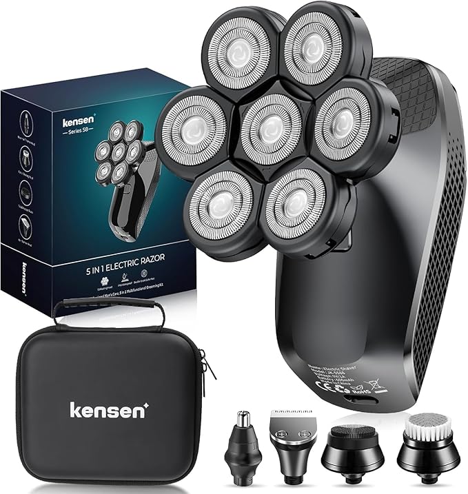 7D Head Shavers for Bald Men - 5 in 1 kensen Electric Head Hair Shaver, Head Electric Razor with Nose Hair & Beard Trimmer Cordless IPX6 Waterproof Wet Dry LED Display Travel Case (Black)