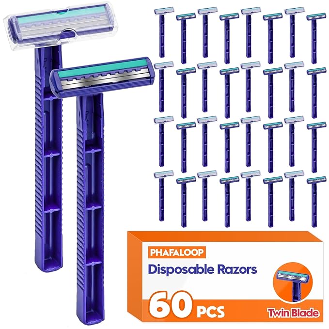 Twin Blade Disposable Razors for Men & Women – Bulk 60 Pack Stainless Steel Shavers with Lubricating Strip, Safety Cap & Non-Slip Handle for Sensitive Skin, Travel, Hotel, Charity – Blue
