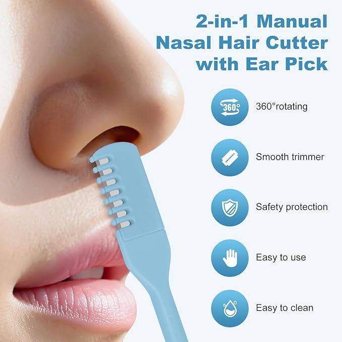 5PCS 2-in-1 Nasal Hair Cutter, Manual Nose Hair Trimmer Cutter with Ear Pick for Women & Men 360°Rotating Nose Hair Remover Grooming Tool Knife Razor Portable Nostril hair Trimmer Clipper (Sky Blue)