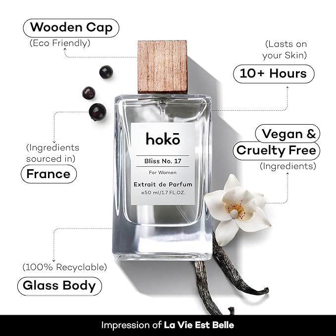 HOKO Bliss Womens Perfume, Extrait de Parfum (1.7 Oz) - Inspired by La Vie Belle, Iris Vanilla, Jasmine, Patchouli & Black Currant - Clean, Vegan + Cruelty Free