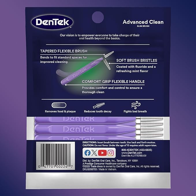 DenTek Slim Brush Advanced Clean, Interdental Brushes for Cleaning Between Tight Teeth, Safe for Braces & Dental Work, 32 Count