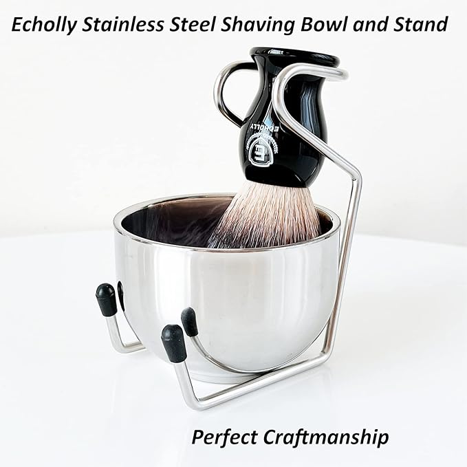 Men's Travel Shaving Brush Set-3pcs Wet Shave Kit with Synthetic Hair Brush, Stainless Bowl & Stand-Lightweight, Quick Dry, Easy to Carry by Echolly