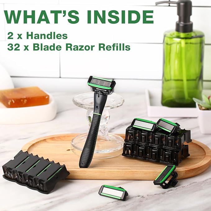 34 Pcs Shaving Kit for Men Disposable Men's Razors Set Refillable 7-blade Razors Travel Shave Set Designed for Sensitive Skin, 2 Handle and 32 Razor Blade Refills