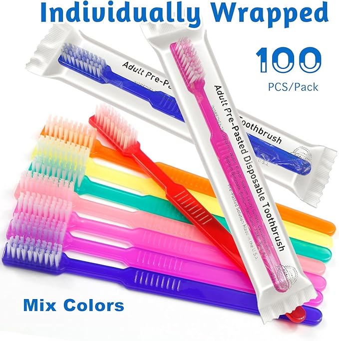 200 Pcs Disposable Pre-Pasted Toothbrushes Individually Wrapped Pre Pasted Toothbrush | Single Use Waterless Tooth Brush for Hotel, Camping, Homeless Gift | Multi Color